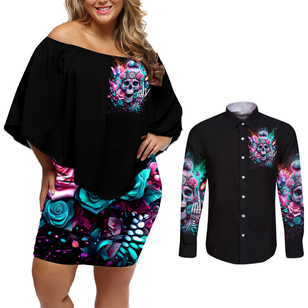 Rose Skull Couples Matching Off Shoulder Short Dress and Long Sleeve Button Shirt Fuck Off Problem Solved - Wonder Print Shop