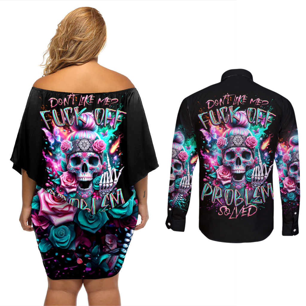 Rose Skull Couples Matching Off Shoulder Short Dress and Long Sleeve Button Shirt Fuck Off Problem Solved - Wonder Print Shop