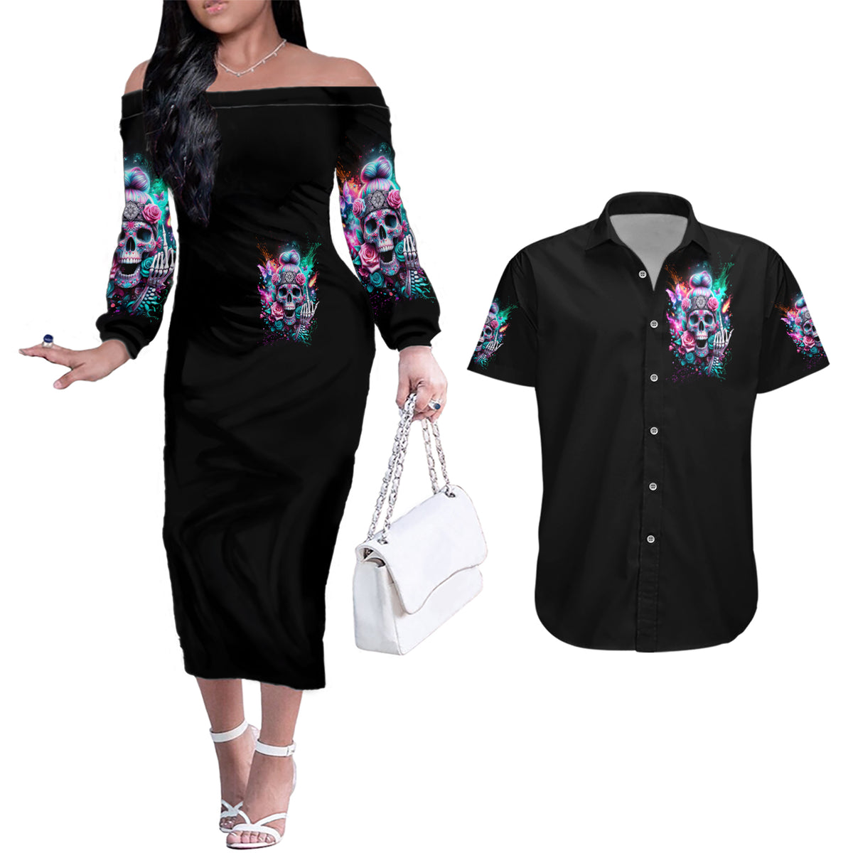 Rose Skull Couples Matching Off The Shoulder Long Sleeve Dress and Hawaiian Shirt Fuck Off Problem Solved - Wonder Print Shop