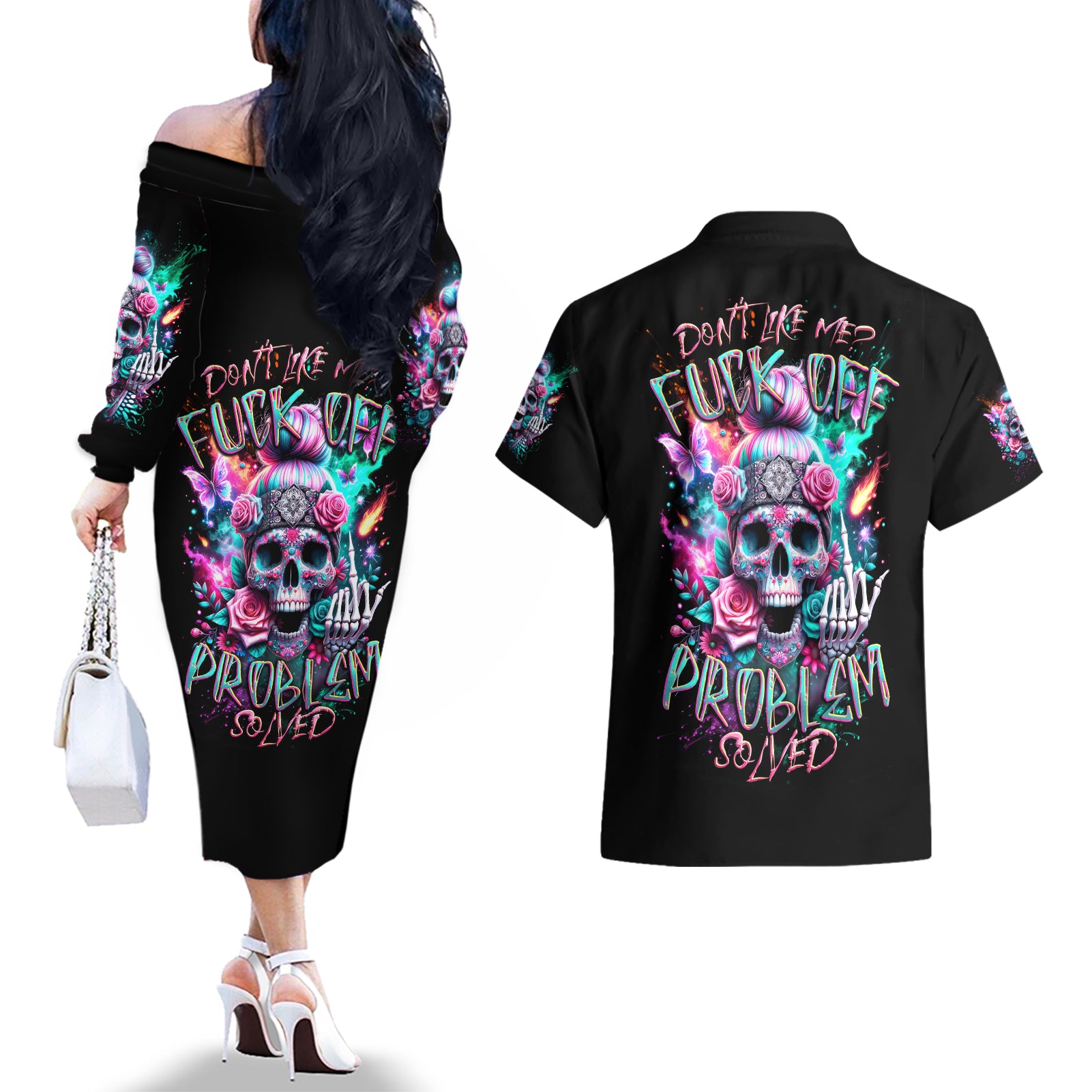 Rose Skull Couples Matching Off The Shoulder Long Sleeve Dress and Hawaiian Shirt Fuck Off Problem Solved - Wonder Print Shop