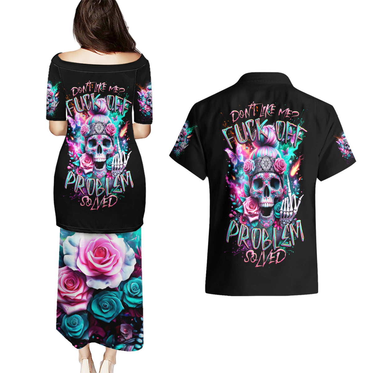 Rose Skull Couples Matching Puletasi Dress and Hawaiian Shirt Fuck Off Problem Solved - Wonder Print Shop