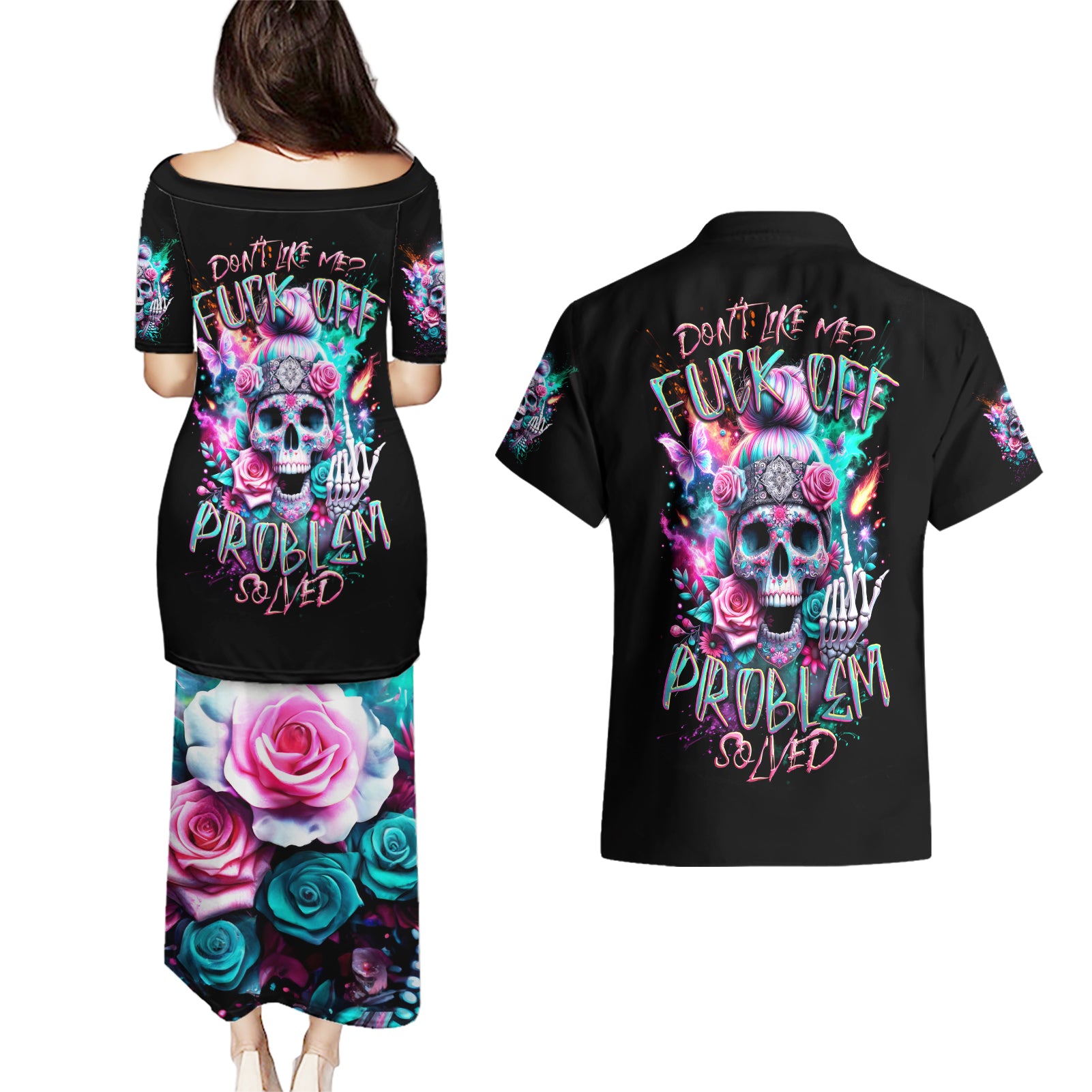 Rose Skull Couples Matching Puletasi Dress and Hawaiian Shirt Fuck Off Problem Solved - Wonder Print Shop