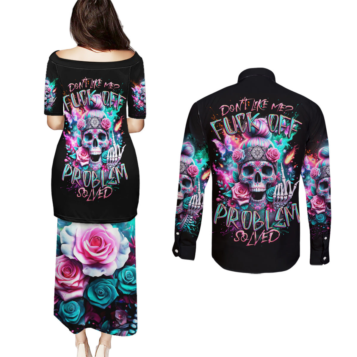 Rose Skull Couples Matching Puletasi Dress and Long Sleeve Button Shirt Fuck Off Problem Solved - Wonder Print Shop