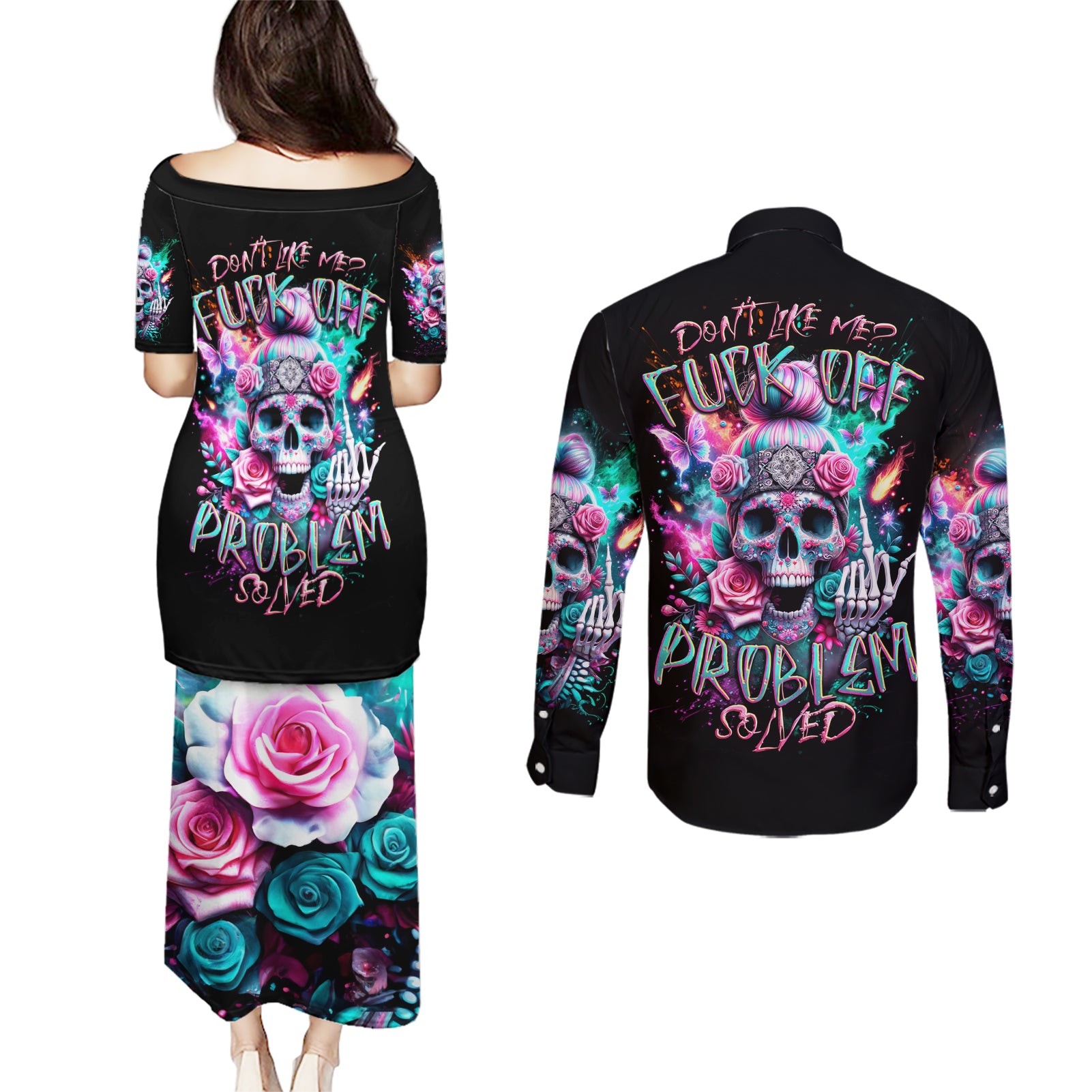 Rose Skull Couples Matching Puletasi Dress and Long Sleeve Button Shirt Fuck Off Problem Solved - Wonder Print Shop