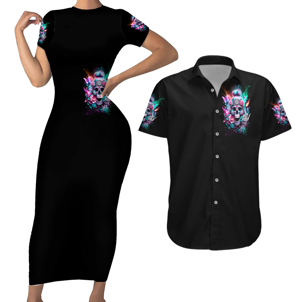 Rose Skull Couples Matching Short Sleeve Bodycon Dress and Hawaiian Shirt Fuck Off Problem Solved - Wonder Print Shop
