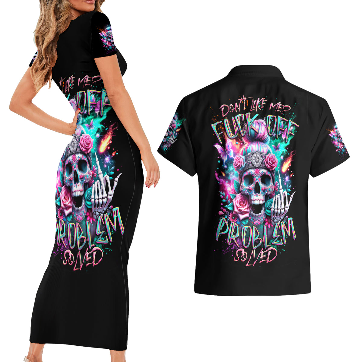Rose Skull Couples Matching Short Sleeve Bodycon Dress and Hawaiian Shirt Fuck Off Problem Solved - Wonder Print Shop