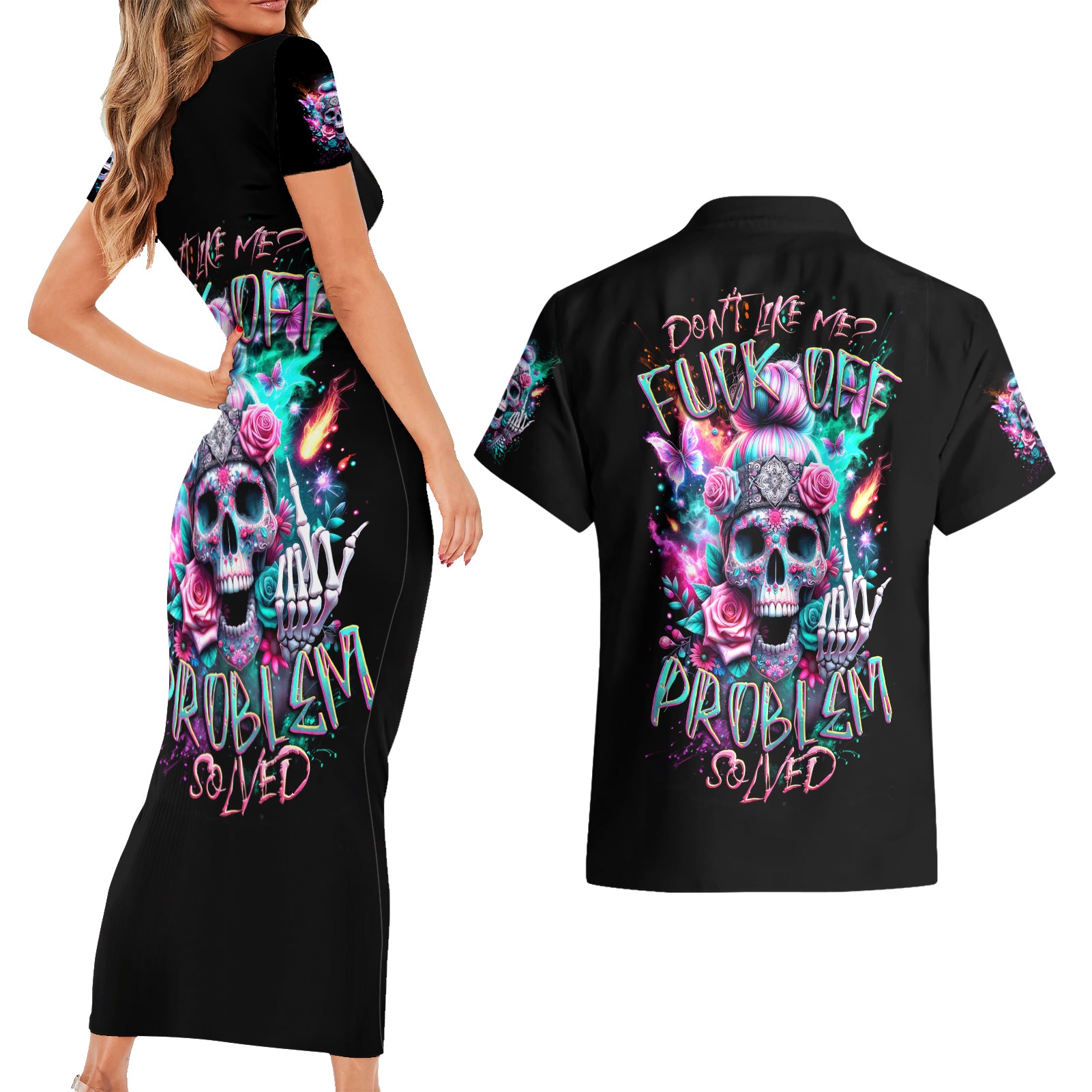 Rose Skull Couples Matching Short Sleeve Bodycon Dress and Hawaiian Shirt Fuck Off Problem Solved - Wonder Print Shop