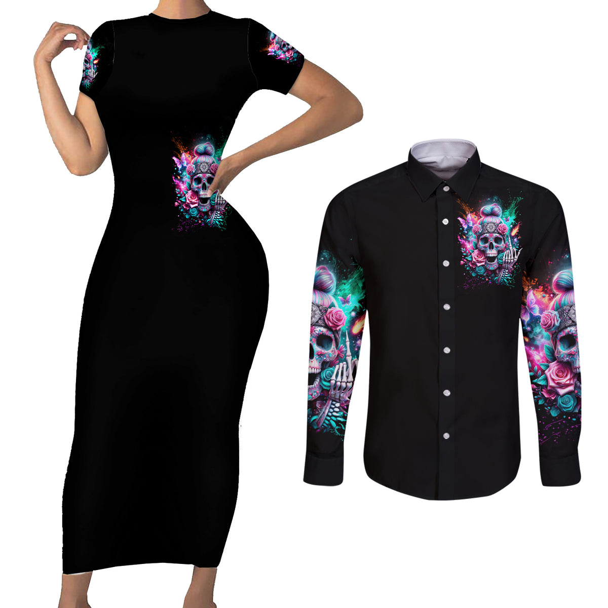 Rose Skull Couples Matching Short Sleeve Bodycon Dress and Long Sleeve Button Shirt Fuck Off Problem Solved - Wonder Print Shop