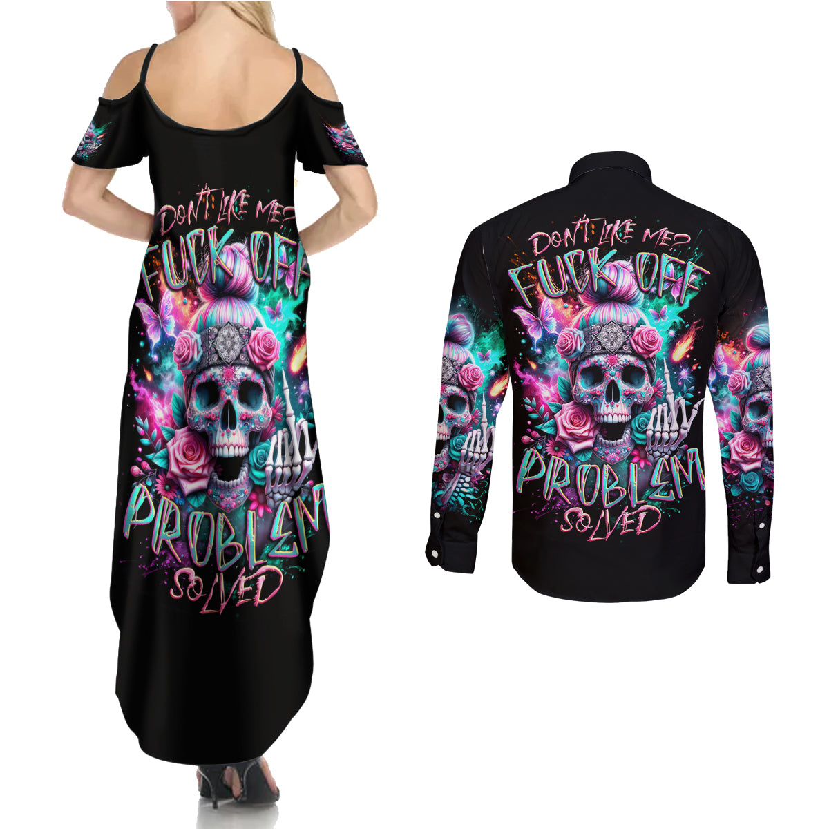 Rose Skull Couples Matching Summer Maxi Dress and Long Sleeve Button Shirt Fuck Off Problem Solved - Wonder Print Shop