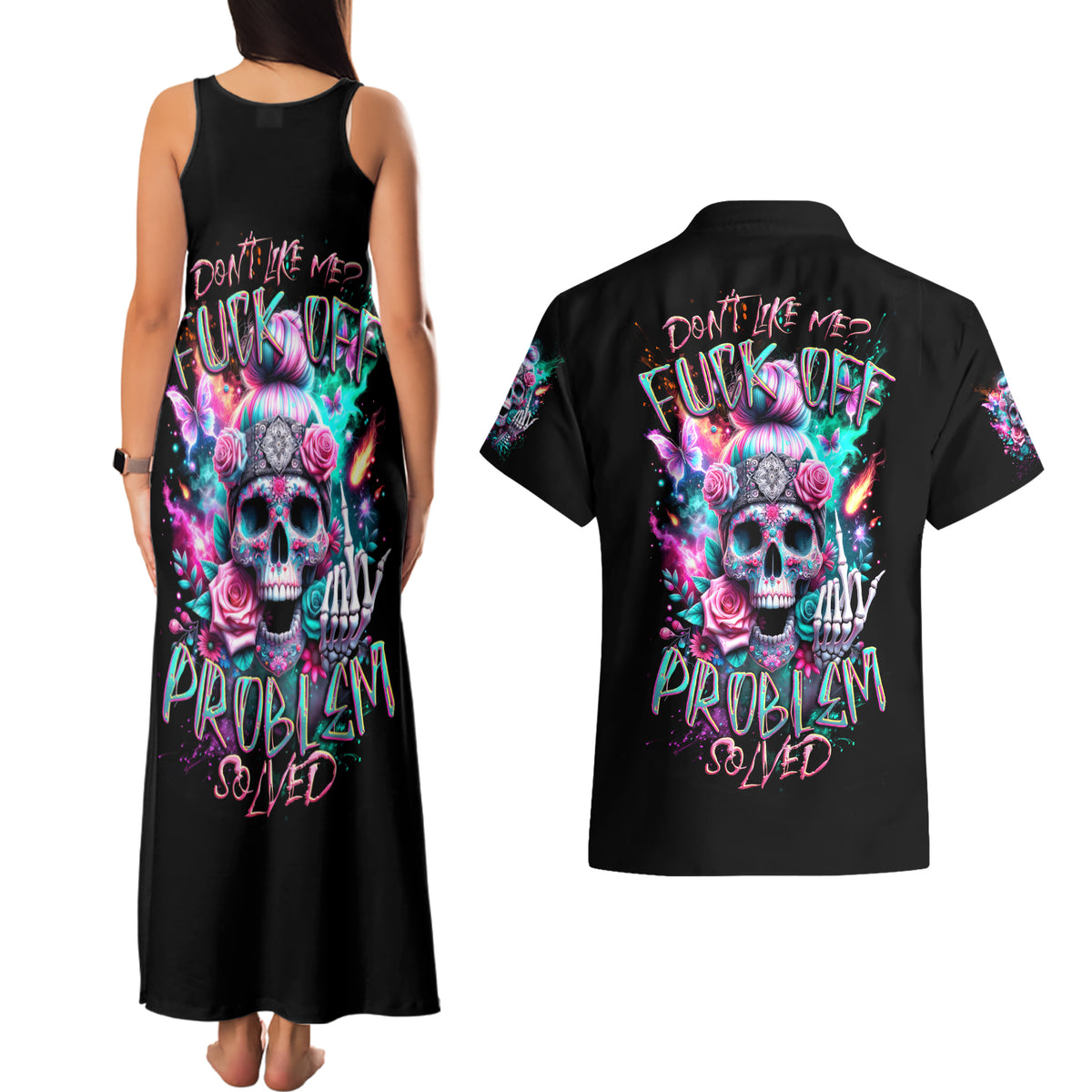 Rose Skull Couples Matching Tank Maxi Dress and Hawaiian Shirt Fuck Off Problem Solved - Wonder Print Shop