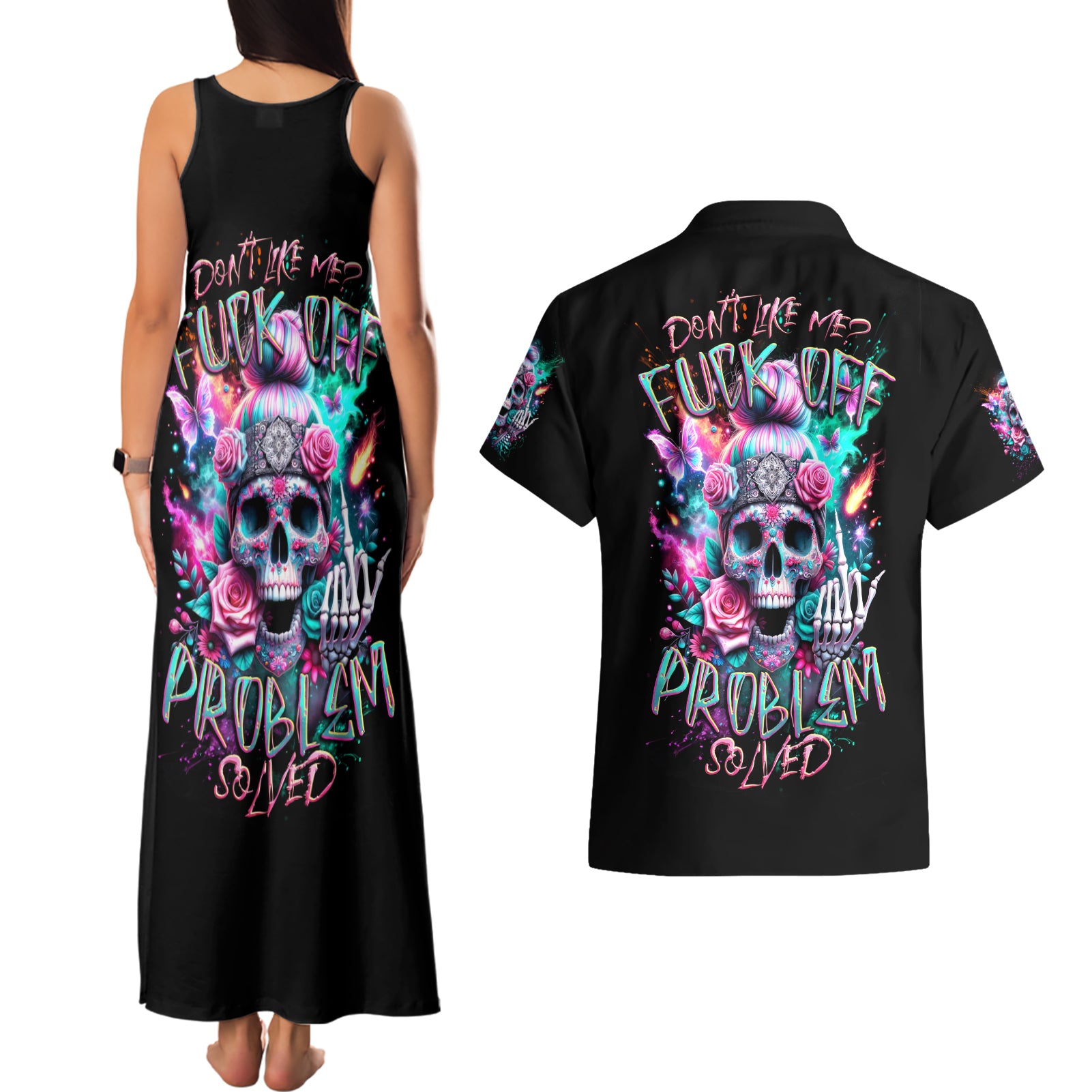 Rose Skull Couples Matching Tank Maxi Dress and Hawaiian Shirt Fuck Off Problem Solved - Wonder Print Shop