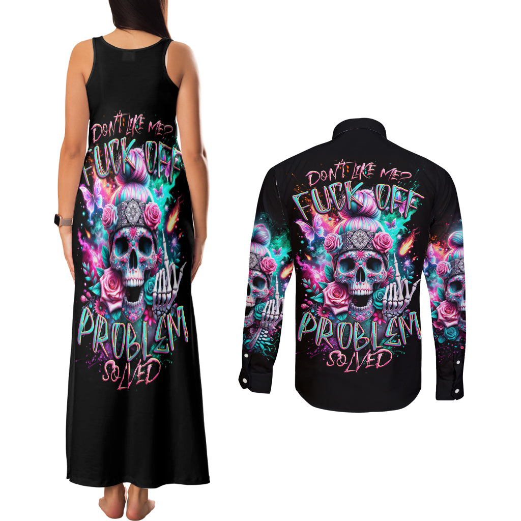 Rose Skull Couples Matching Tank Maxi Dress and Long Sleeve Button Shirt Fuck Off Problem Solved - Wonder Print Shop
