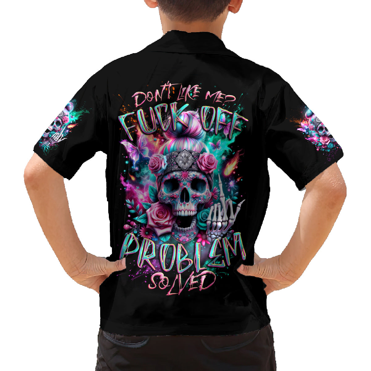 Rose Skull Family Matching Long Sleeve Bodycon Dress and Hawaiian Shirt Fuck Off Problem Solved - Wonder Print Shop