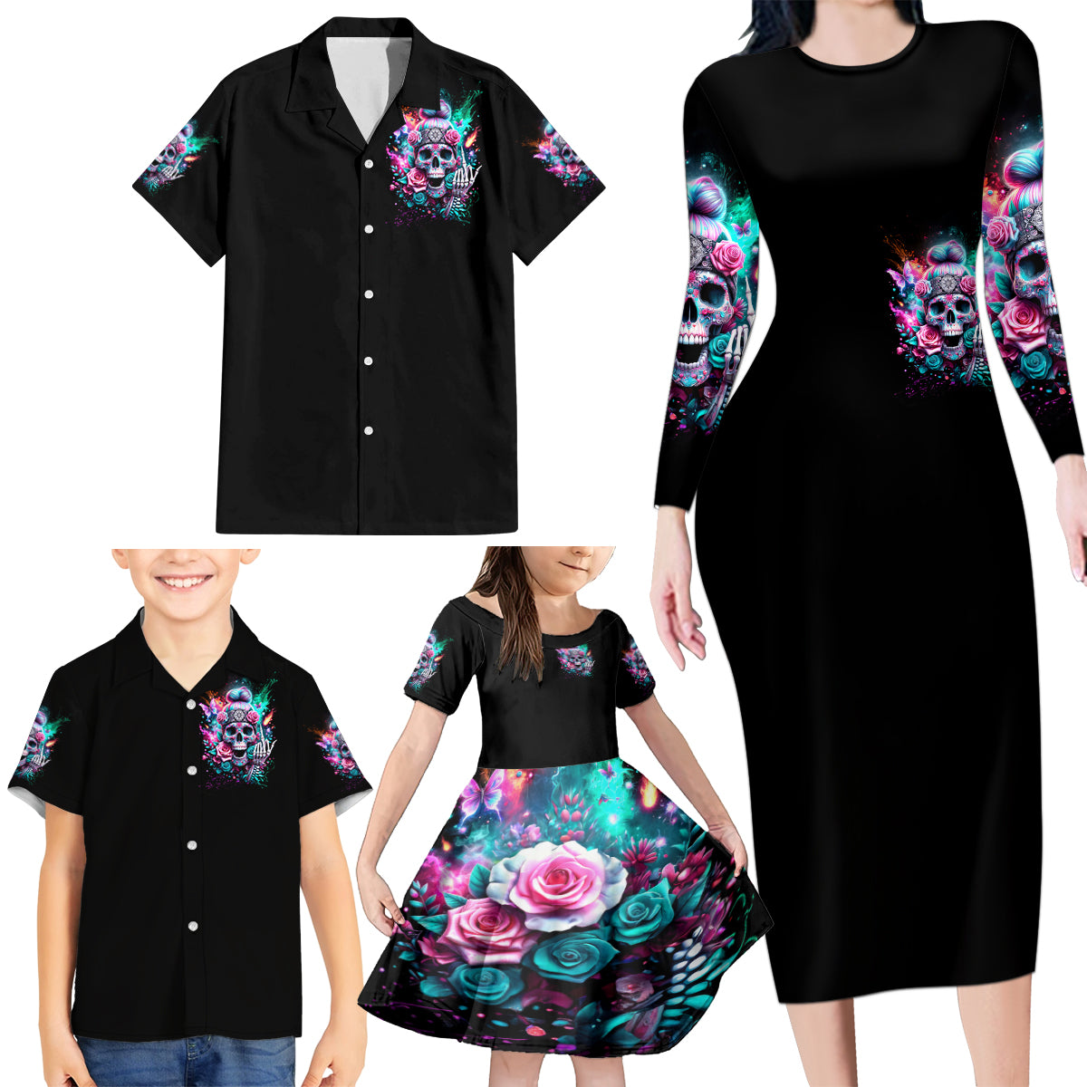 Rose Skull Family Matching Long Sleeve Bodycon Dress and Hawaiian Shirt Fuck Off Problem Solved - Wonder Print Shop