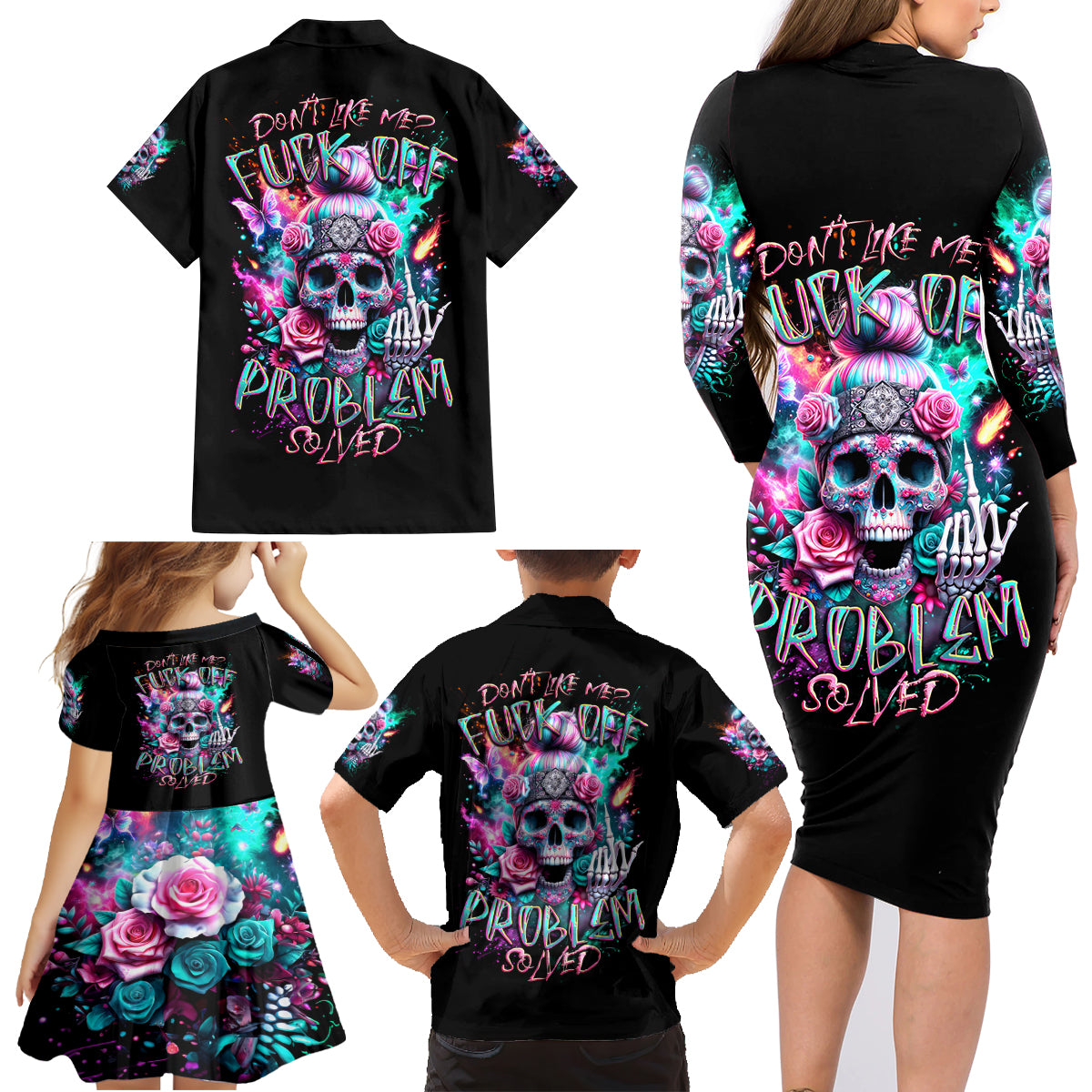 Rose Skull Family Matching Long Sleeve Bodycon Dress and Hawaiian Shirt Fuck Off Problem Solved - Wonder Print Shop