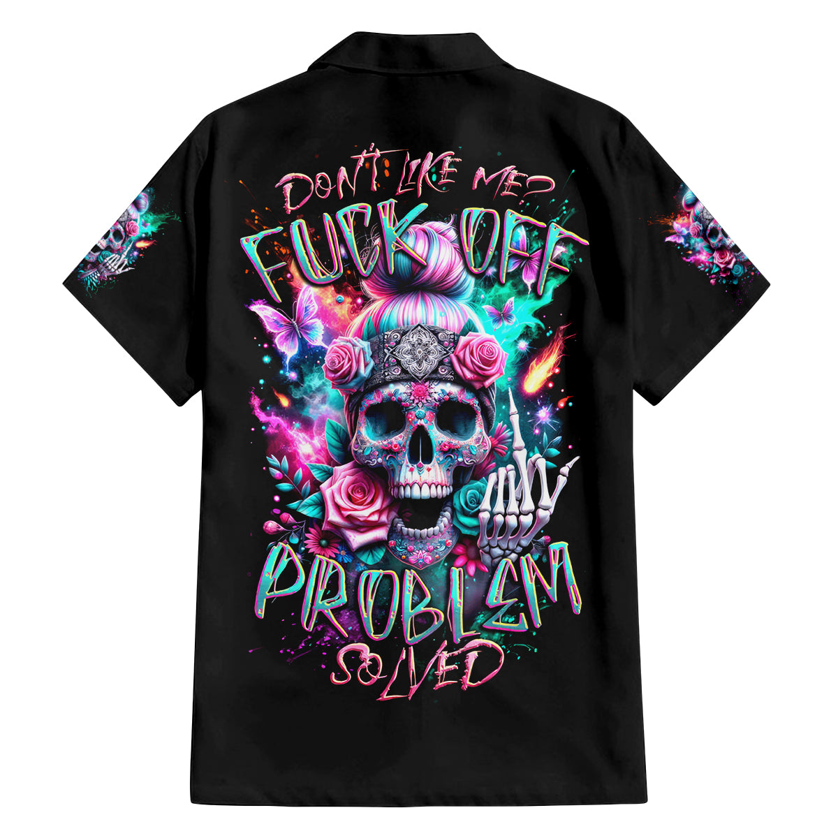 Rose Skull Family Matching Long Sleeve Bodycon Dress and Hawaiian Shirt Fuck Off Problem Solved - Wonder Print Shop