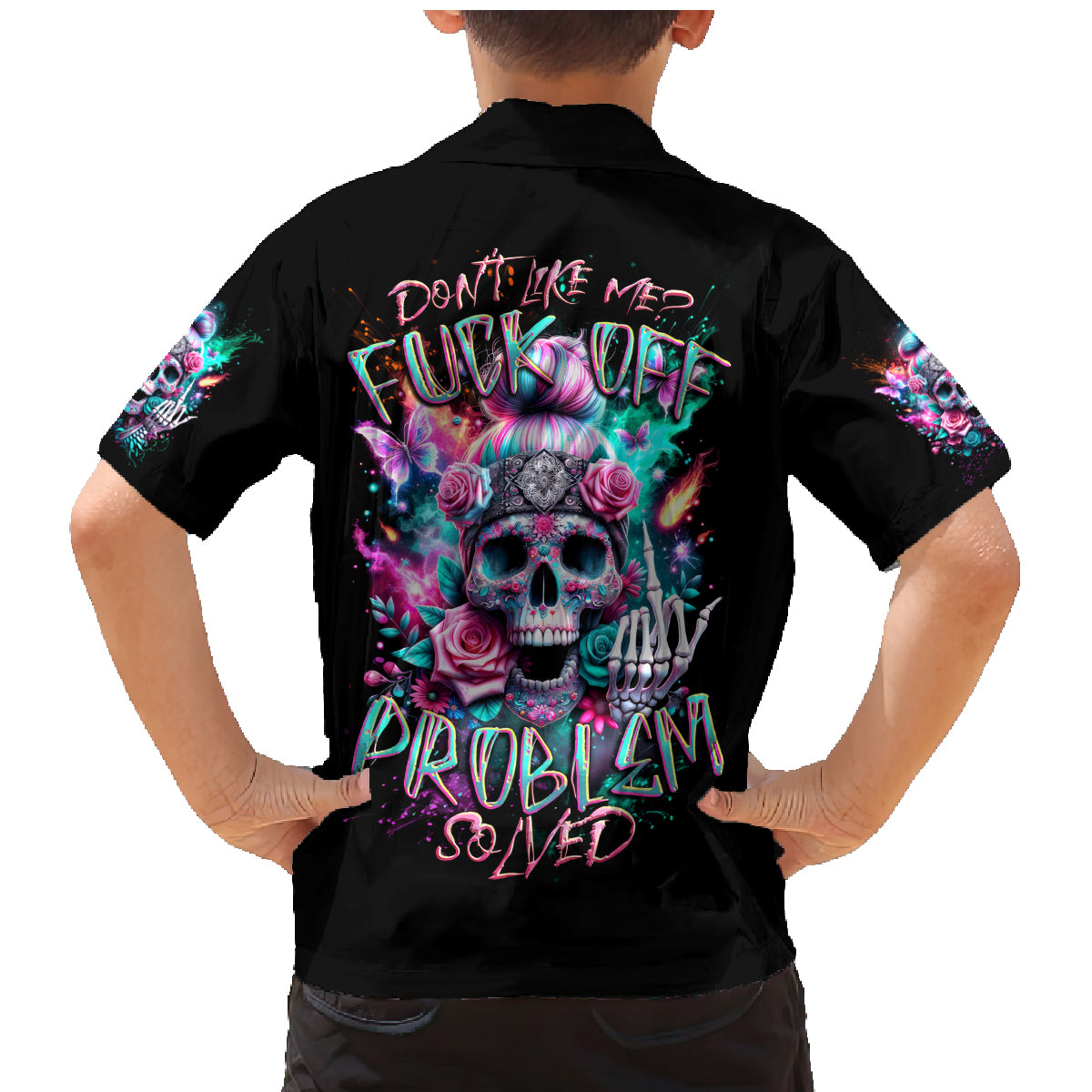 Rose Skull Family Matching Mermaid Dress and Hawaiian Shirt Fuck Off Problem Solved - Wonder Print Shop