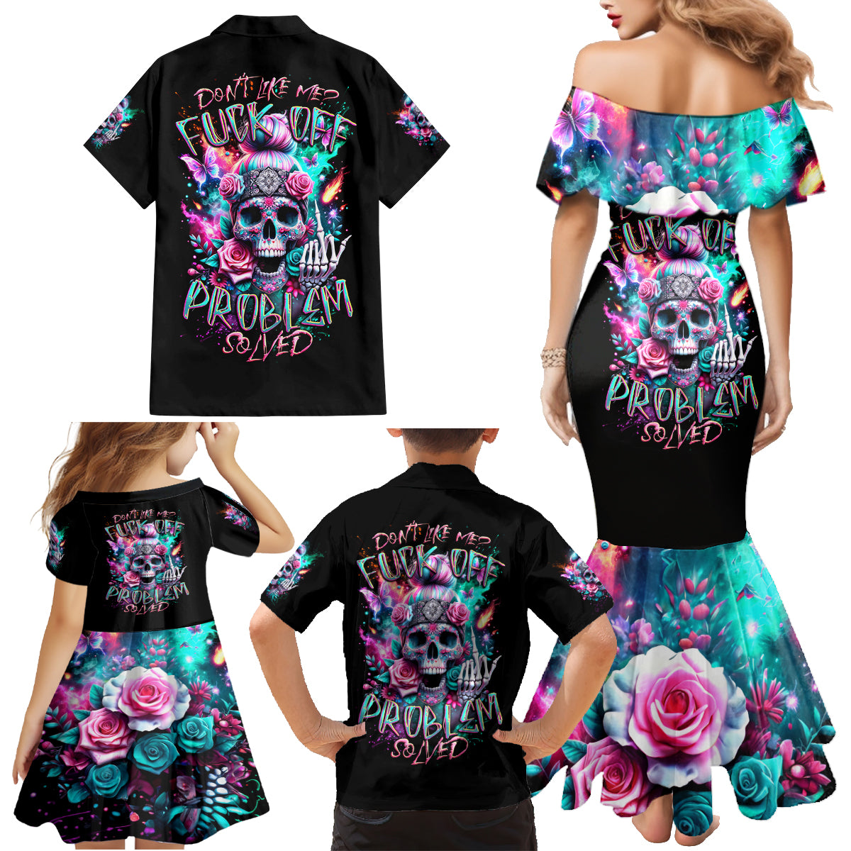 Rose Skull Family Matching Mermaid Dress and Hawaiian Shirt Fuck Off Problem Solved - Wonder Print Shop