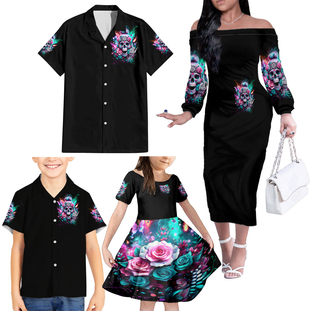 Rose Skull Family Matching Off Shoulder Long Sleeve Dress and Hawaiian Shirt Fuck Off Problem Solved - Wonder Print Shop