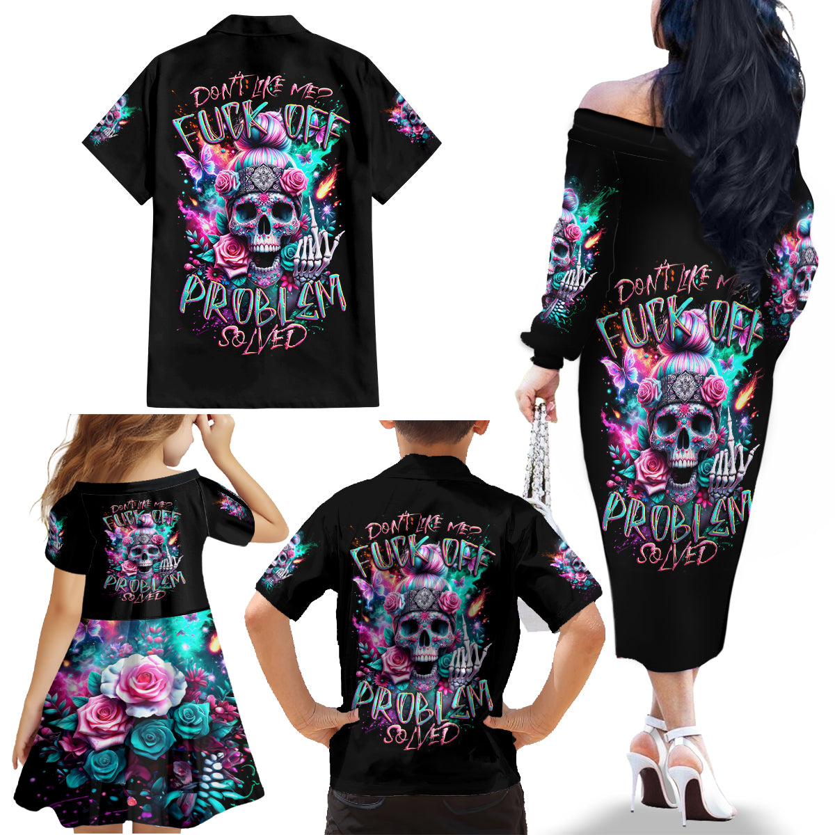 Rose Skull Family Matching Off Shoulder Long Sleeve Dress and Hawaiian Shirt Fuck Off Problem Solved - Wonder Print Shop