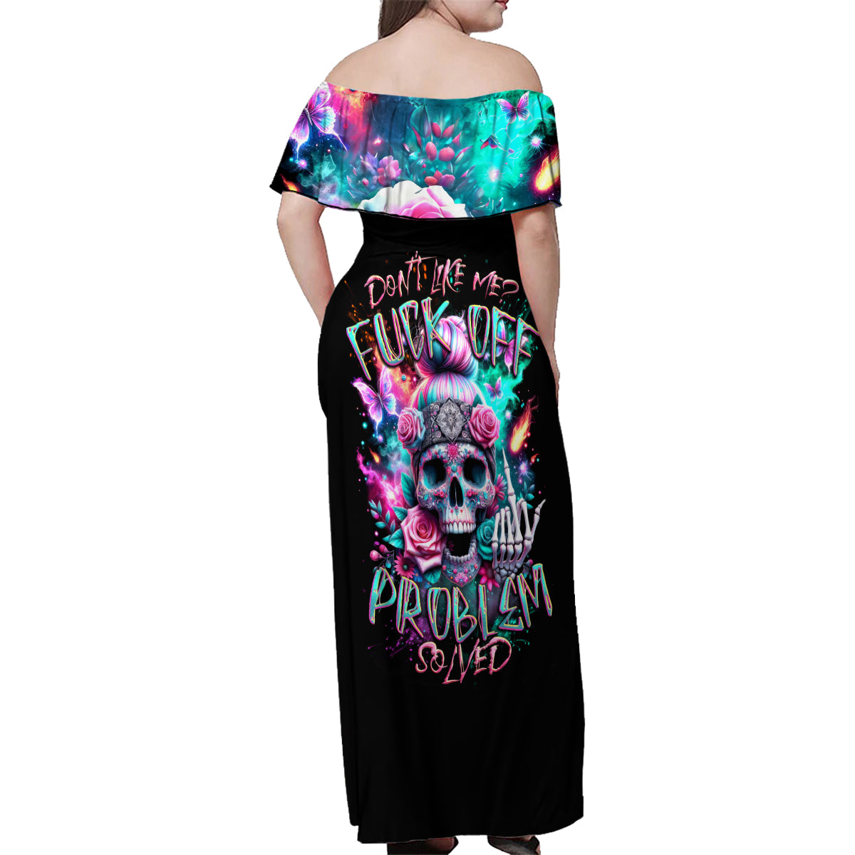 Rose Skull Family Matching Off Shoulder Maxi Dress and Hawaiian Shirt Fuck Off Problem Solved - Wonder Print Shop