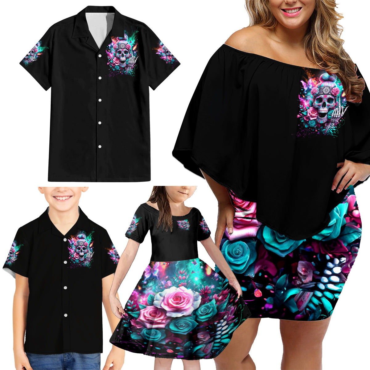 Rose Skull Family Matching Off Shoulder Short Dress and Hawaiian Shirt Fuck Off Problem Solved - Wonder Print Shop