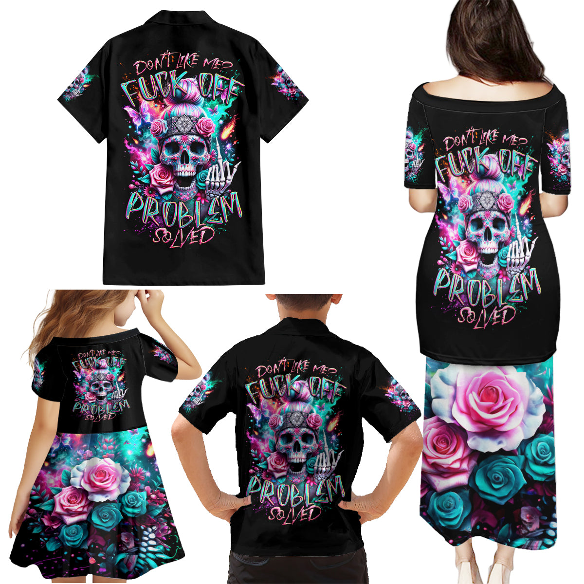 Rose Skull Family Matching Puletasi Dress and Hawaiian Shirt Fuck Off Problem Solved - Wonder Print Shop