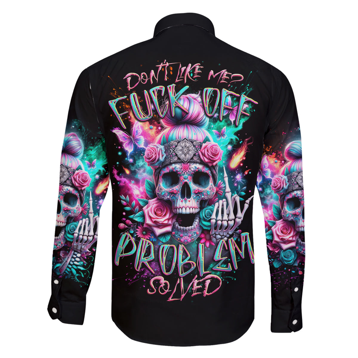 Rose Skull Family Matching Puletasi Dress and Hawaiian Shirt Fuck Off Problem Solved - Wonder Print Shop