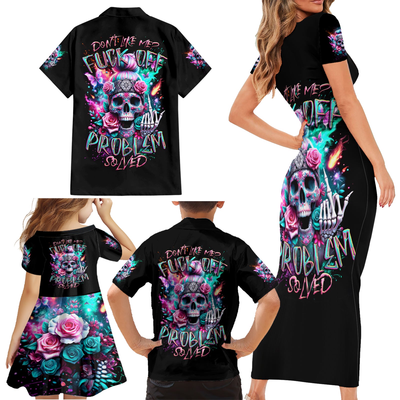 Rose Skull Family Matching Short Sleeve Bodycon Dress and Hawaiian Shirt Fuck Off Problem Solved - Wonder Print Shop