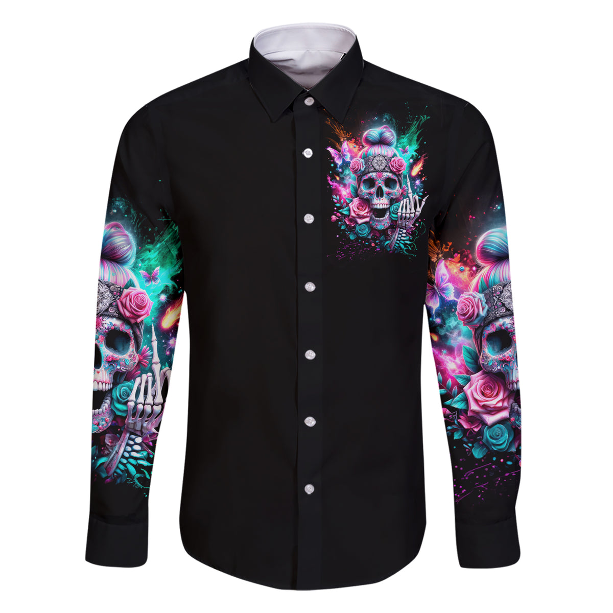 Rose Skull Family Matching Short Sleeve Bodycon Dress and Hawaiian Shirt Fuck Off Problem Solved - Wonder Print Shop