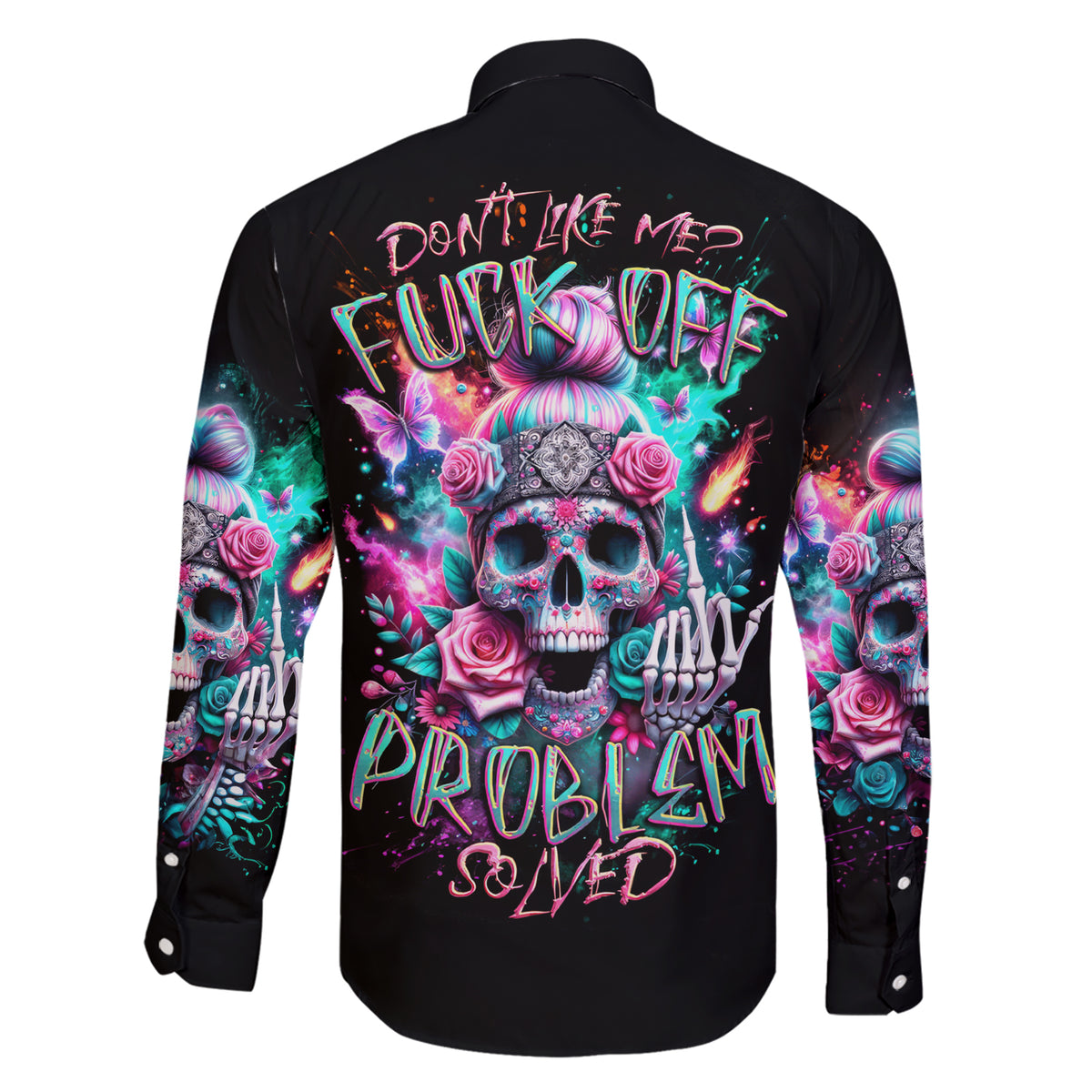 Rose Skull Family Matching Short Sleeve Bodycon Dress and Hawaiian Shirt Fuck Off Problem Solved - Wonder Print Shop