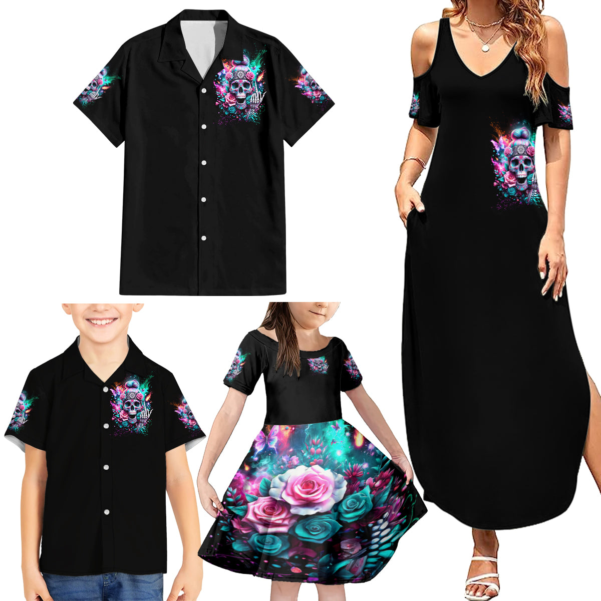 Rose Skull Family Matching Summer Maxi Dress and Hawaiian Shirt Fuck Off Problem Solved - Wonder Print Shop