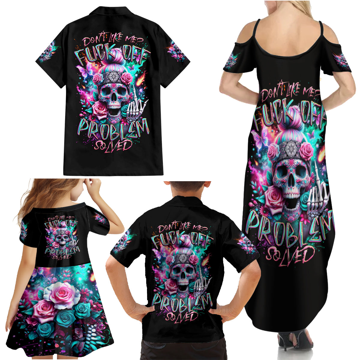 Rose Skull Family Matching Summer Maxi Dress and Hawaiian Shirt Fuck Off Problem Solved - Wonder Print Shop