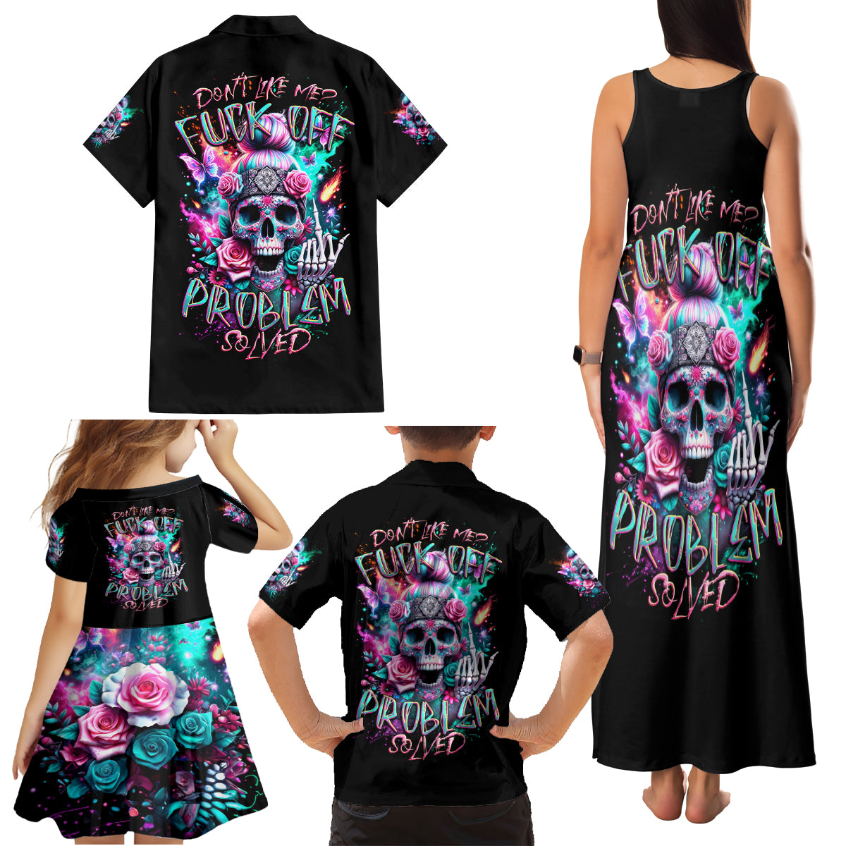 Rose Skull Family Matching Tank Maxi Dress and Hawaiian Shirt Fuck Off Problem Solved - Wonder Print Shop