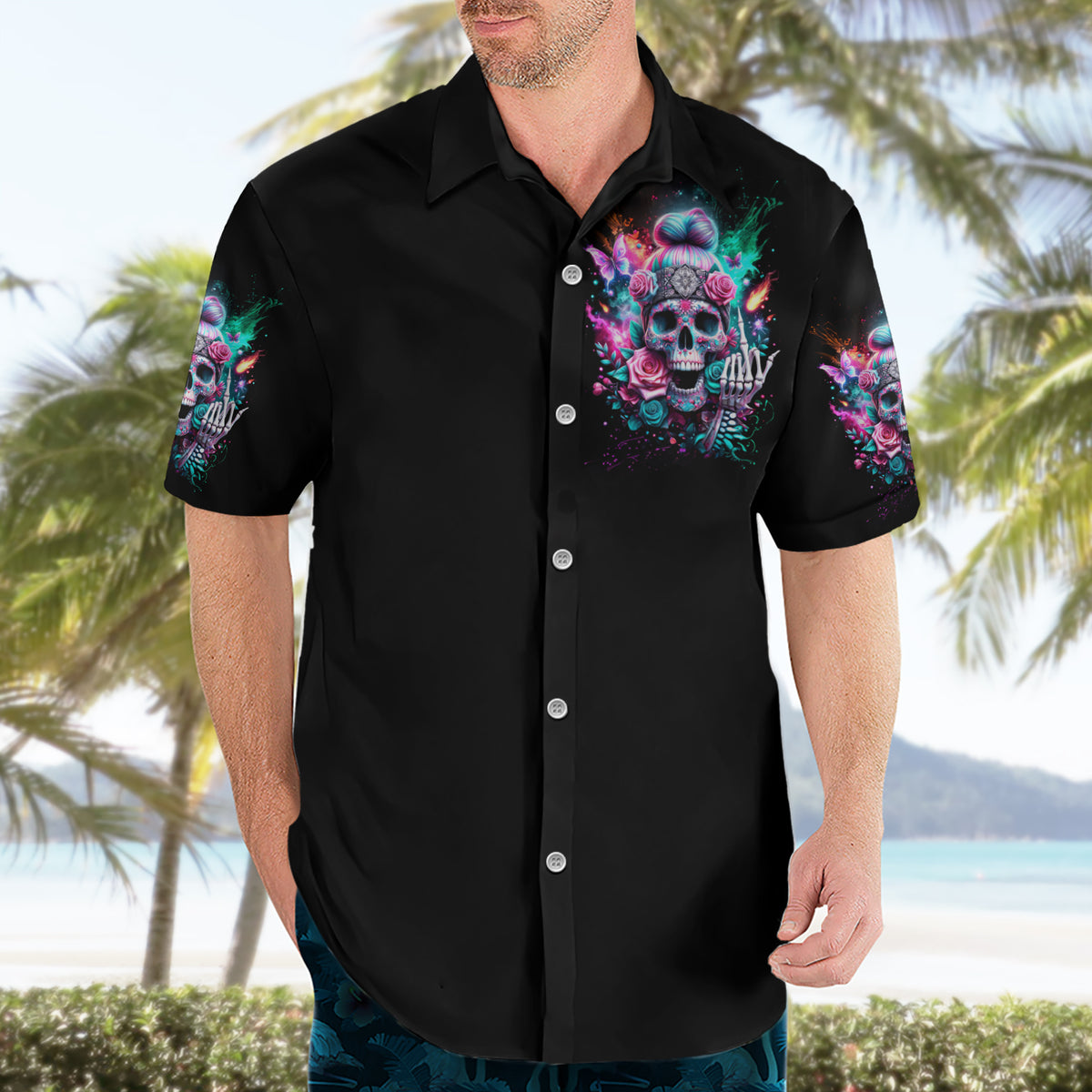 Rose Skull Hawaiian Shirt Fuck Off Problem Solved - Wonder Print Shop