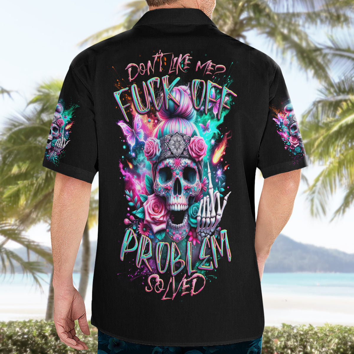 Rose Skull Hawaiian Shirt Fuck Off Problem Solved - Wonder Print Shop