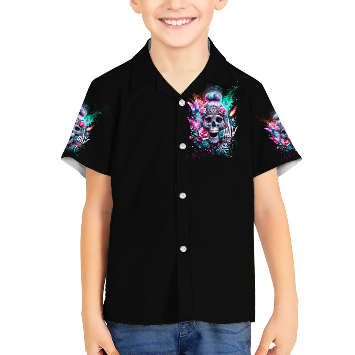 Rose Skull Kid Hawaiian Shirt Fuck Off Problem Solved - Wonder Print Shop