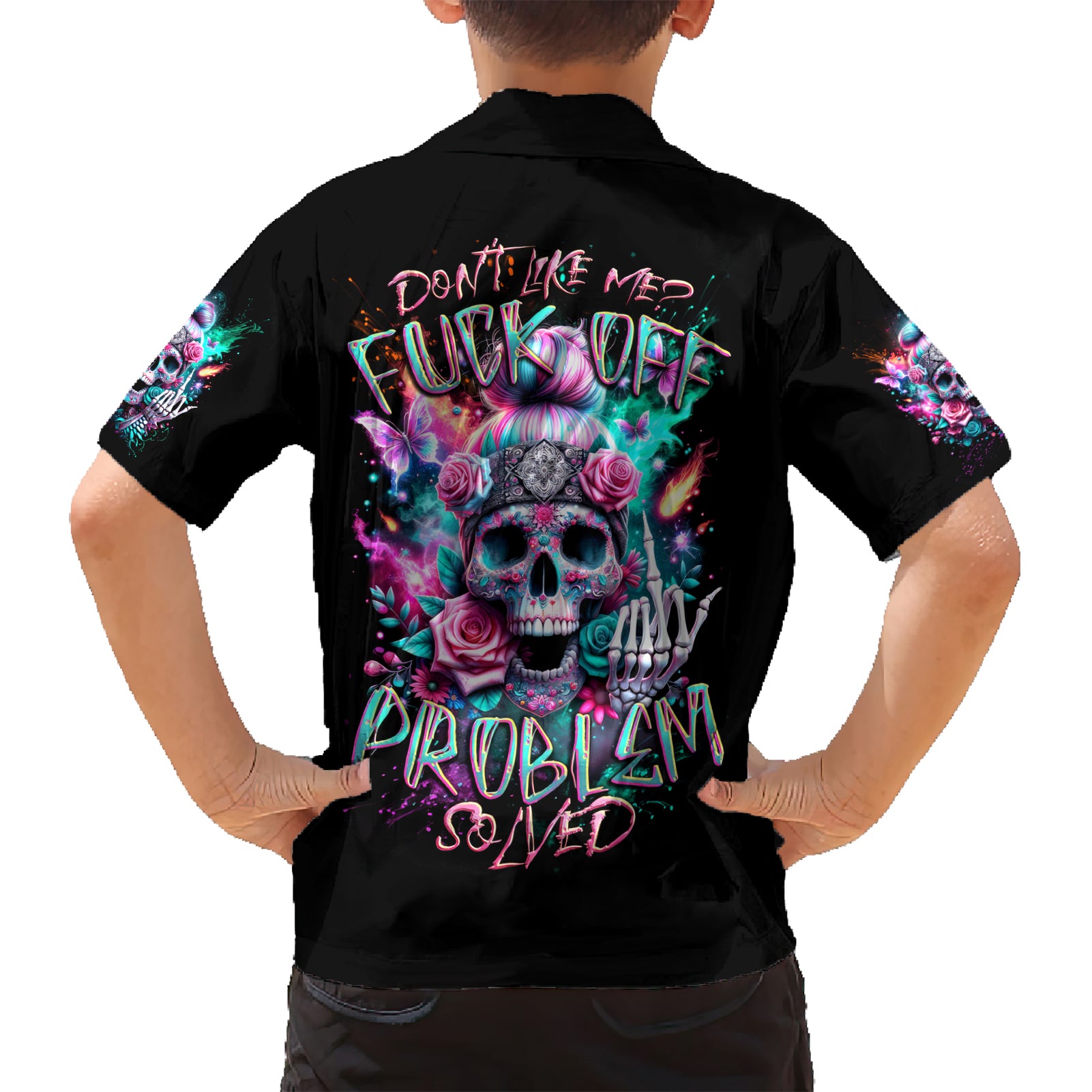 Rose Skull Kid Hawaiian Shirt Fuck Off Problem Solved - Wonder Print Shop