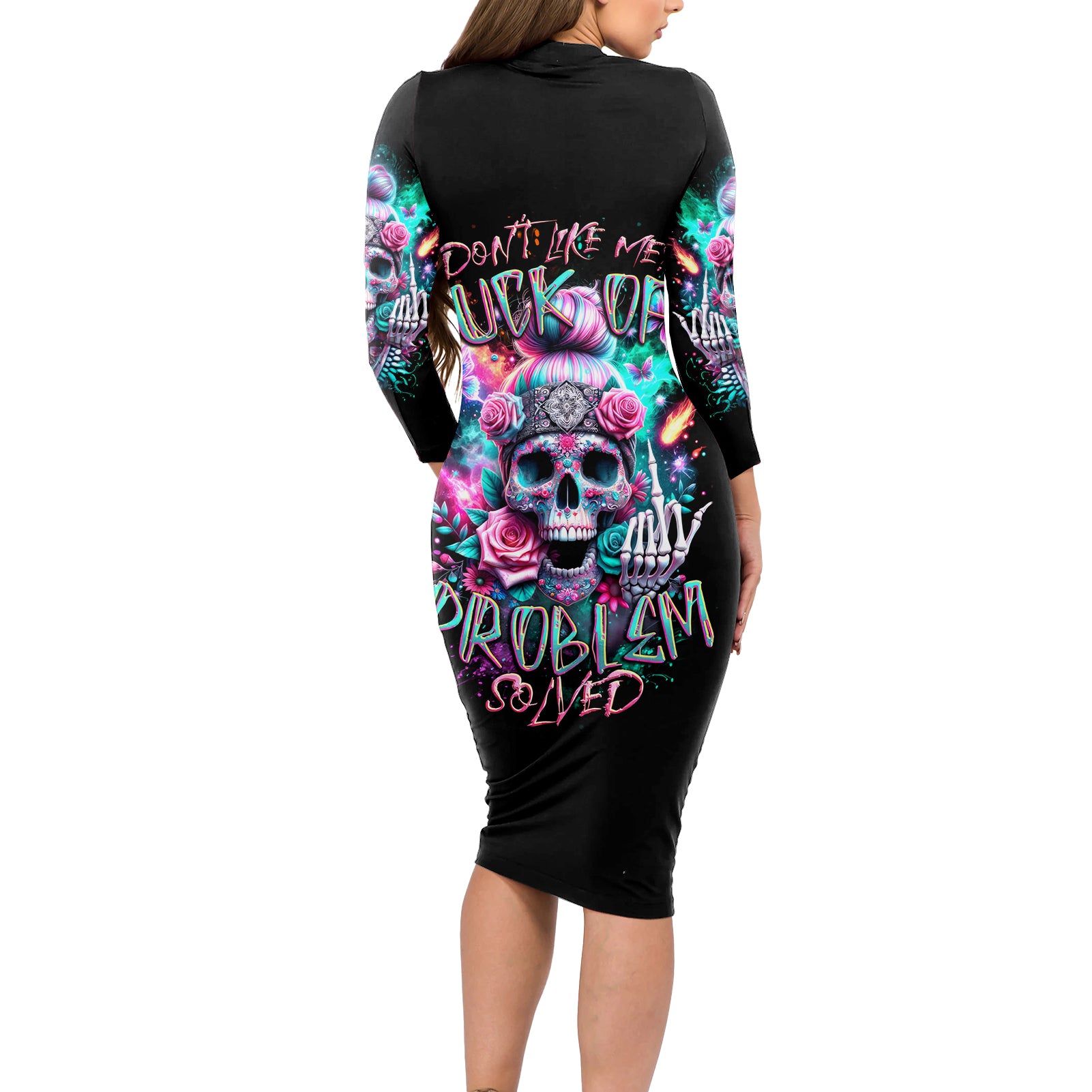 Rose Skull Long Sleeve Bodycon Dress Fuck Off Problem Solved - Wonder Print Shop