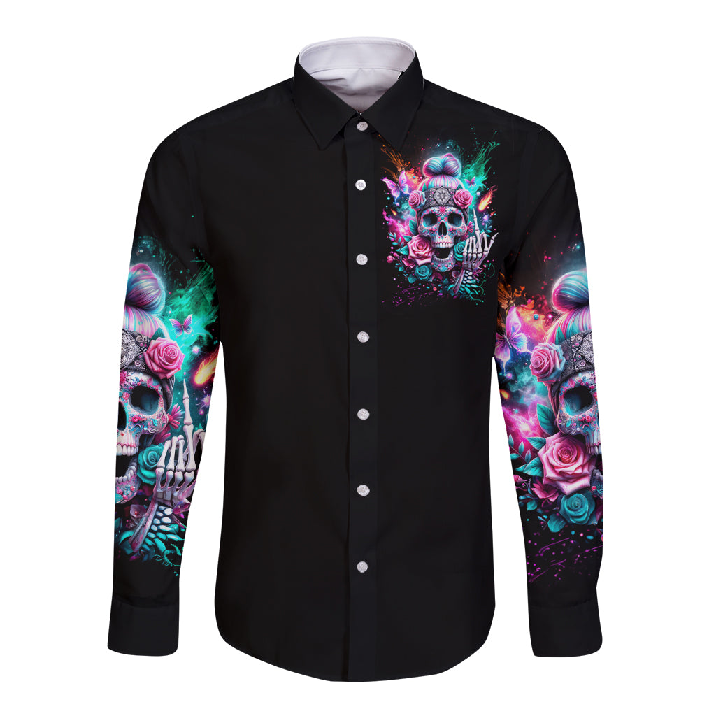 Rose Skull Long Sleeve Button Shirt Fuck Off Problem Solved - Wonder Print Shop