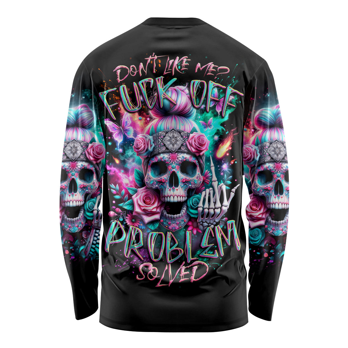 Rose Skull Long Sleeve Shirt Fuck Off Problem Solved - Wonder Print Shop