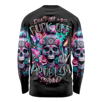 Rose Skull Long Sleeve Shirt Fuck Off Problem Solved - Wonder Print Shop