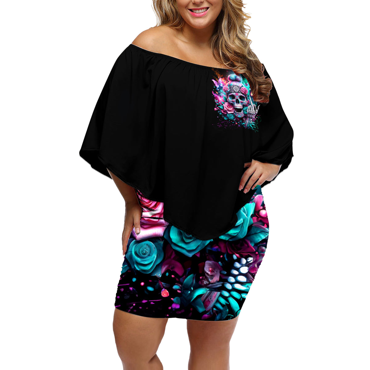 Rose Skull Off Shoulder Short Dress Fuck Off Problem Solved - Wonder Print Shop