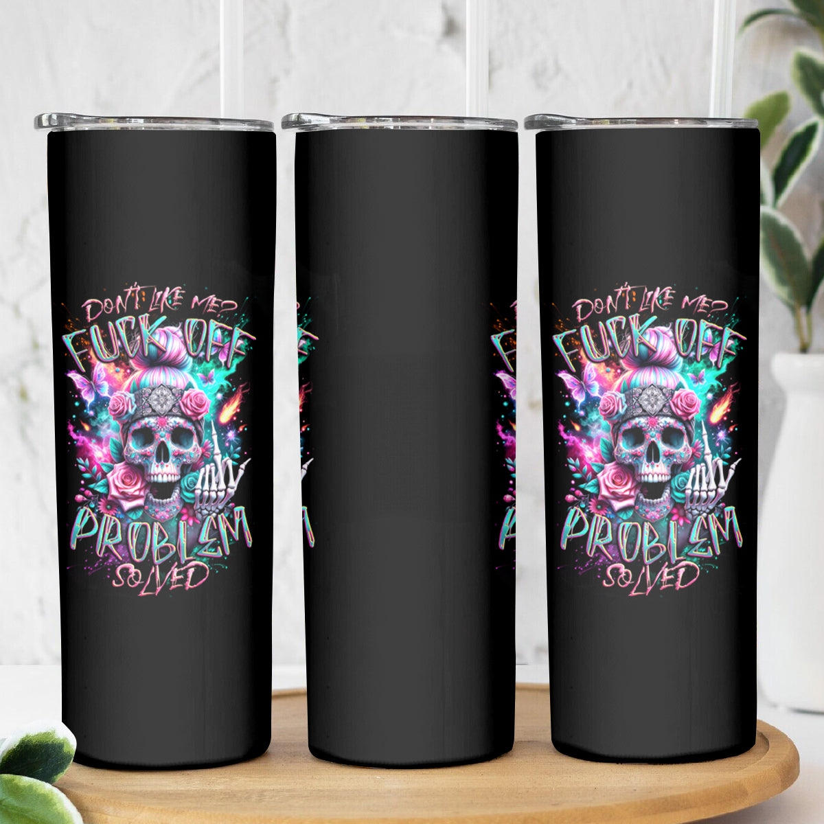 Rose Skull Skinny Tumbler Fuck Off Problem Solved - Wonder Print Shop