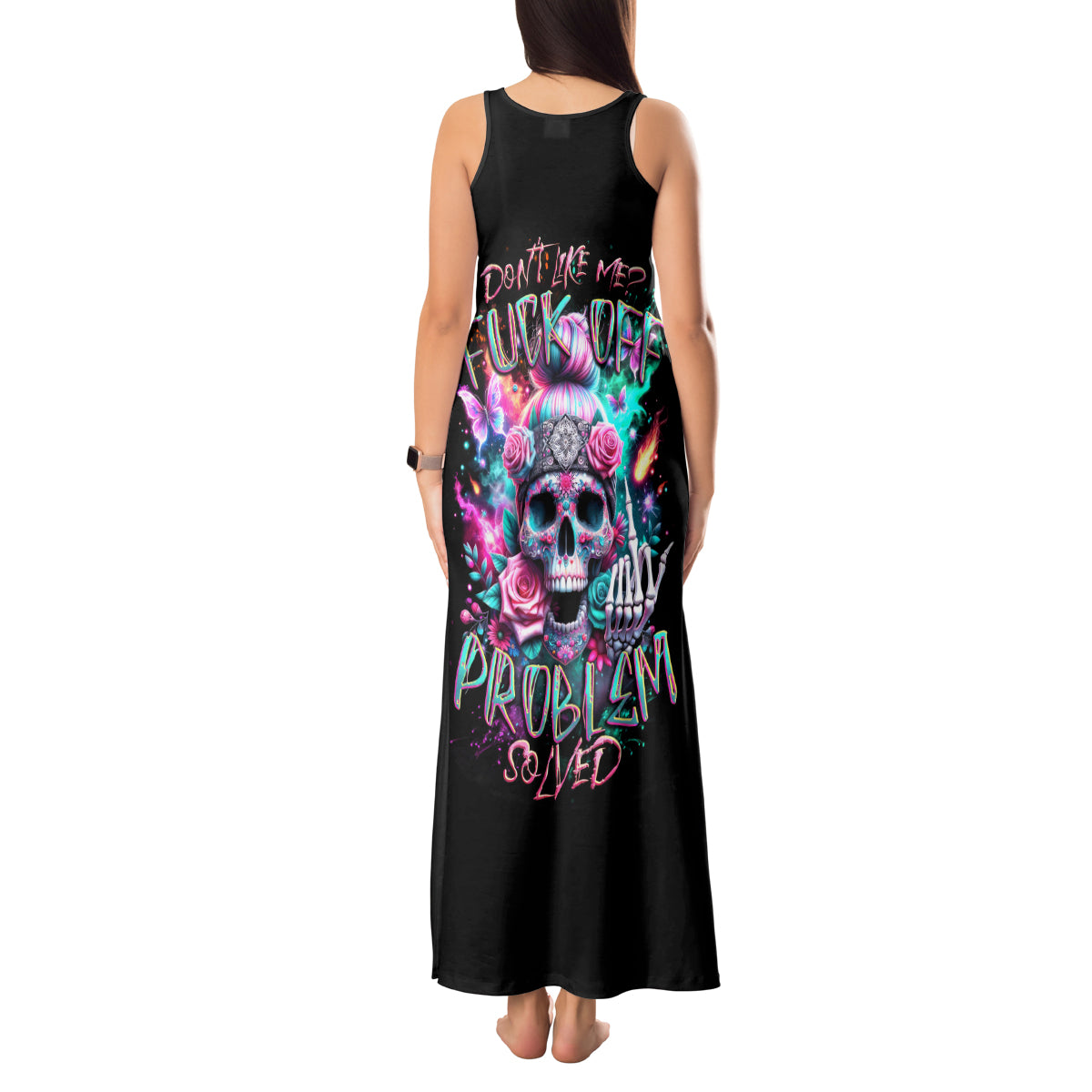 Rose Skull Tank Maxi Dress Fuck Off Problem Solved - Wonder Print Shop