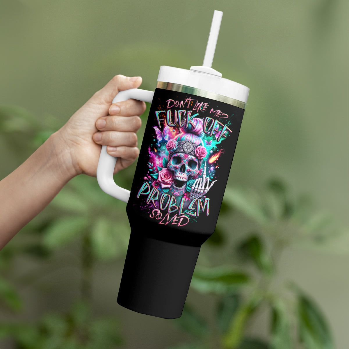 Rose Skull Tumbler With Handle Fuck Off Problem Solved - Wonder Print Shop