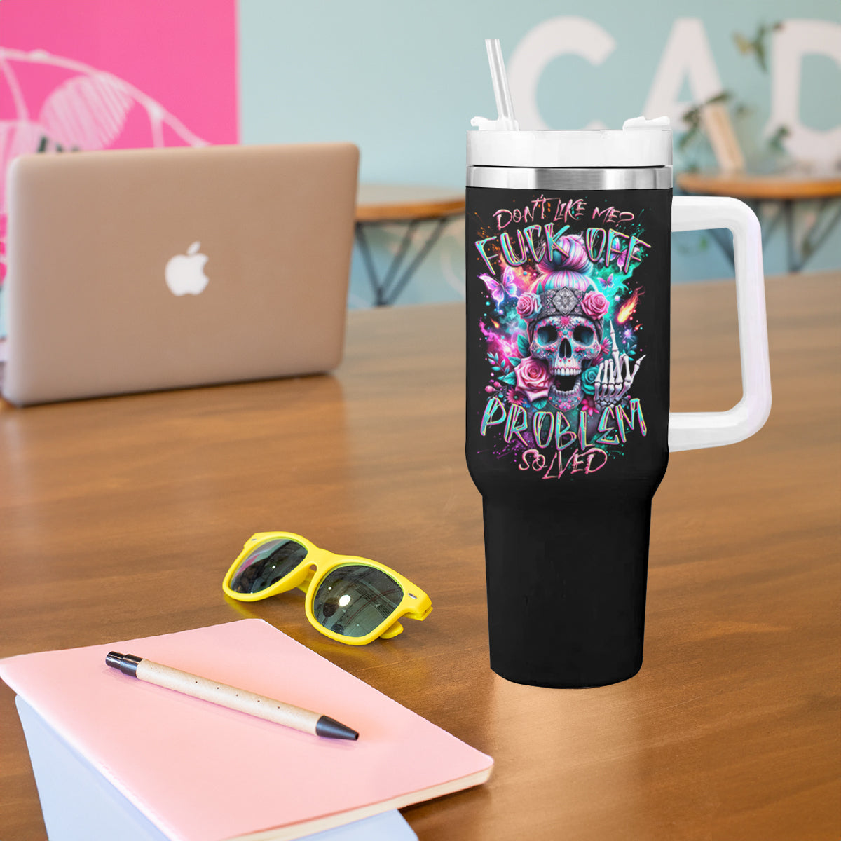 Rose Skull Tumbler With Handle Fuck Off Problem Solved - Wonder Print Shop