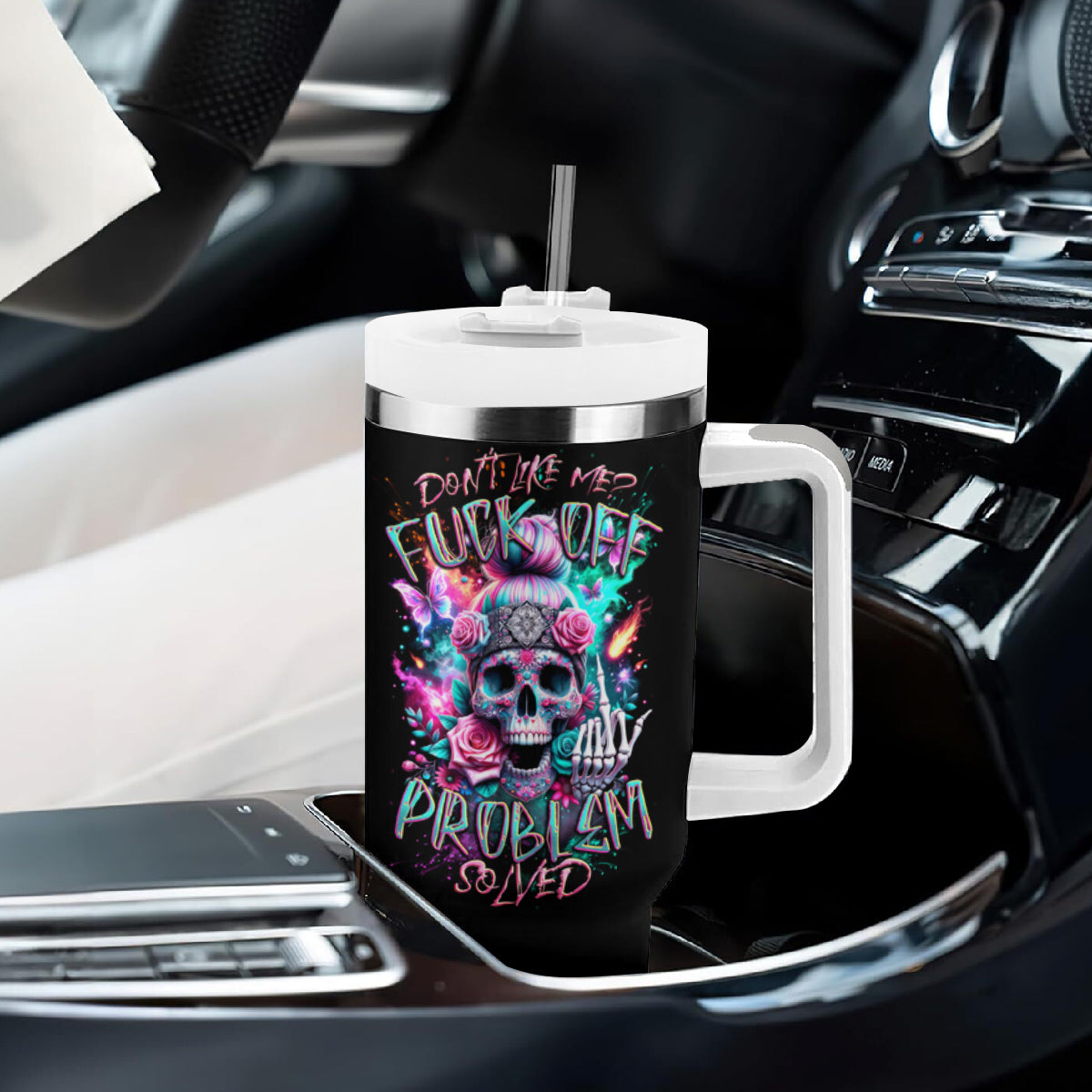 Rose Skull Tumbler With Handle Fuck Off Problem Solved - Wonder Print Shop