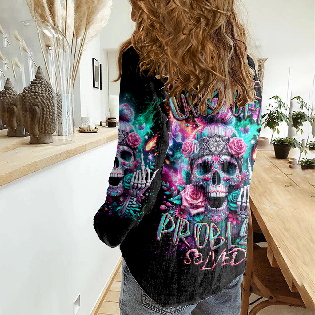 Rose Skull Women Casual Shirt Fuck Off Problem Solved - Wonder Print Shop