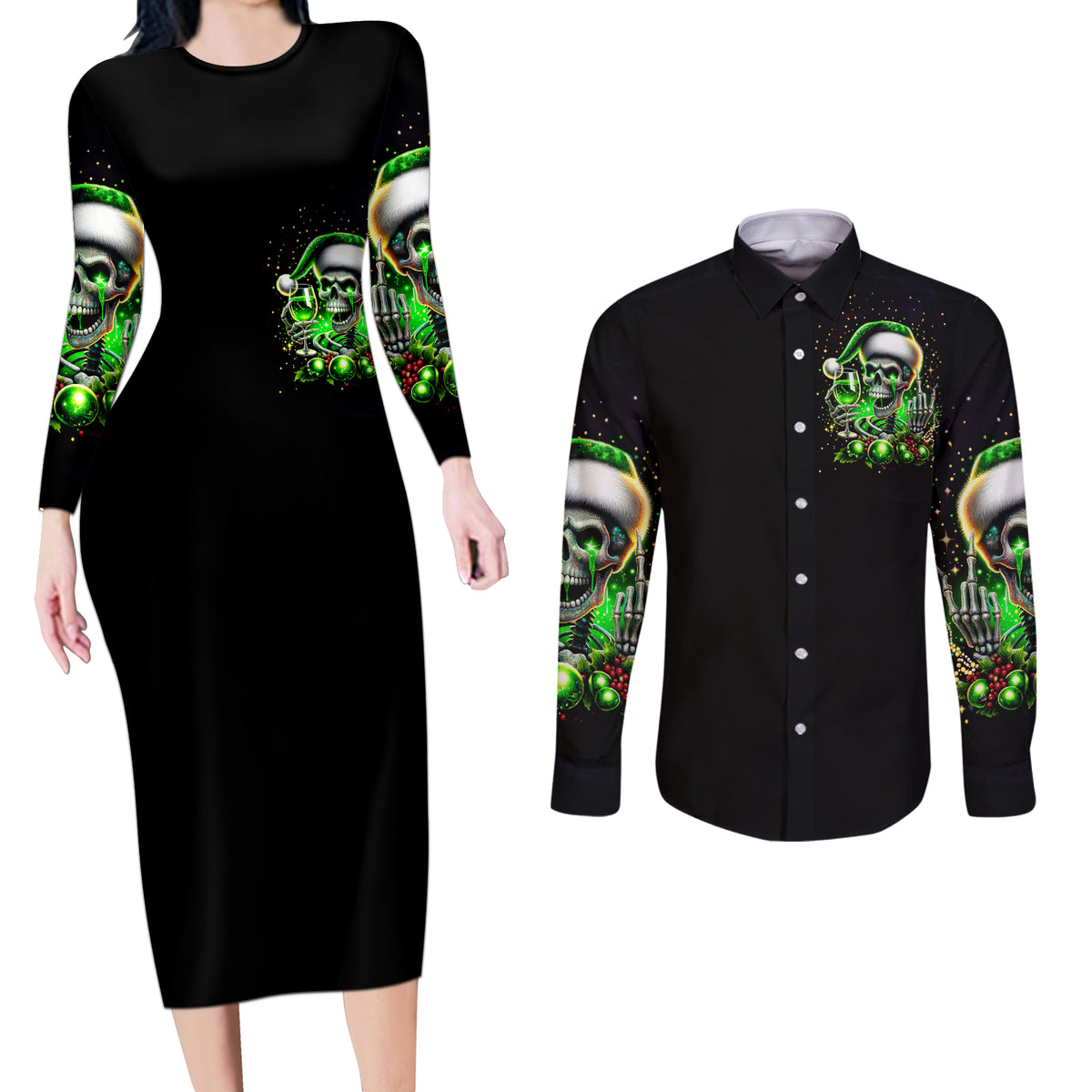 Christmas Skull Couples Matching Long Sleeve Bodycon Dress and Long Sleeve Button Shirt Drink Up Bitches - Wonder Print Shop